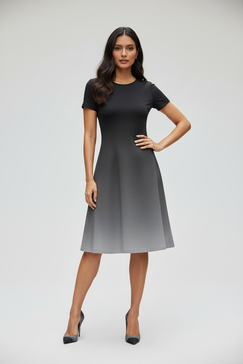 Indian female model wearing Ash Ombre A-Line Dress in studio setting, confident hand-on-hip pose, full body shot