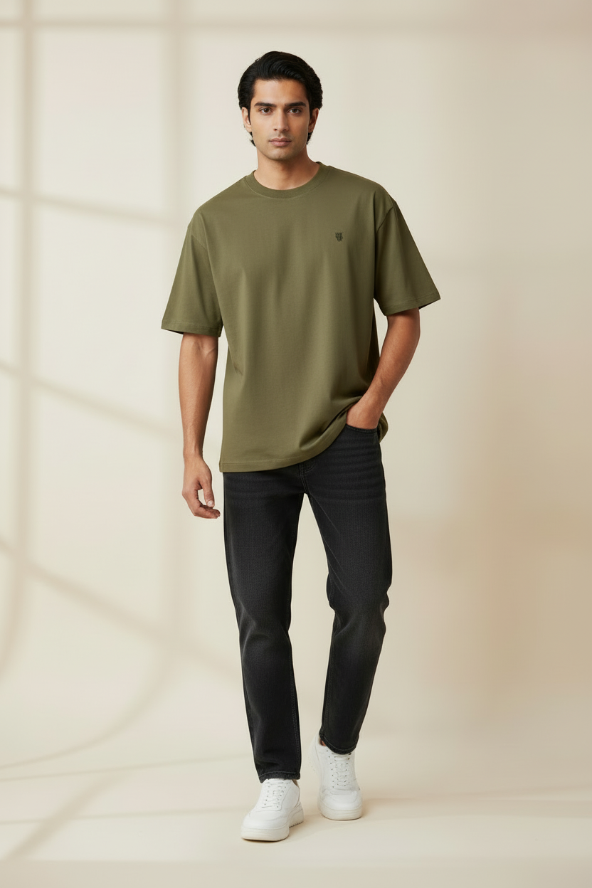 HAViT Classic Oversized T-Shirt – Olive Green – Indian Male Model