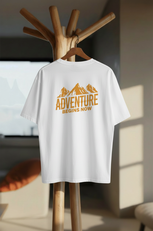 Adventure Begins Now – Oversized Standard T-Shirt - Hanger Mockup