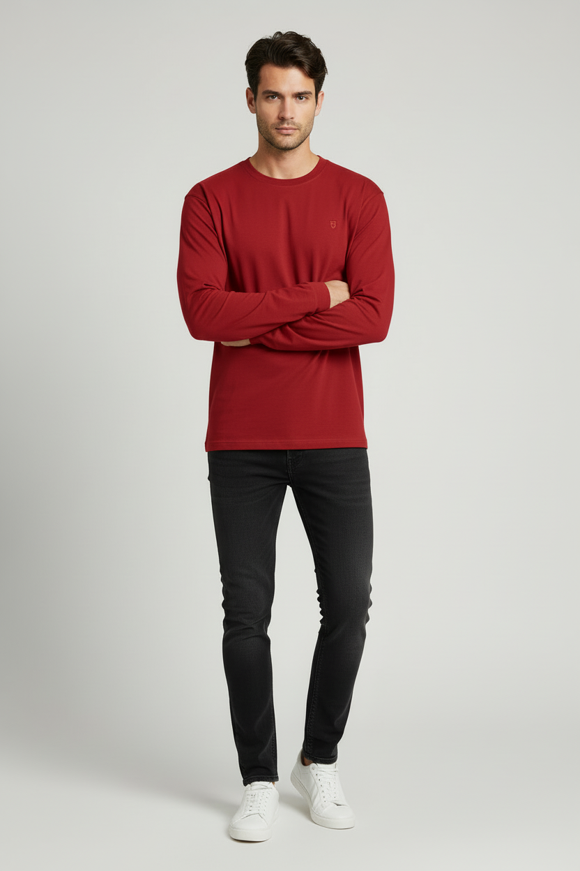 Male model wearing HAViT Full Sleeve T-Shirt in Red