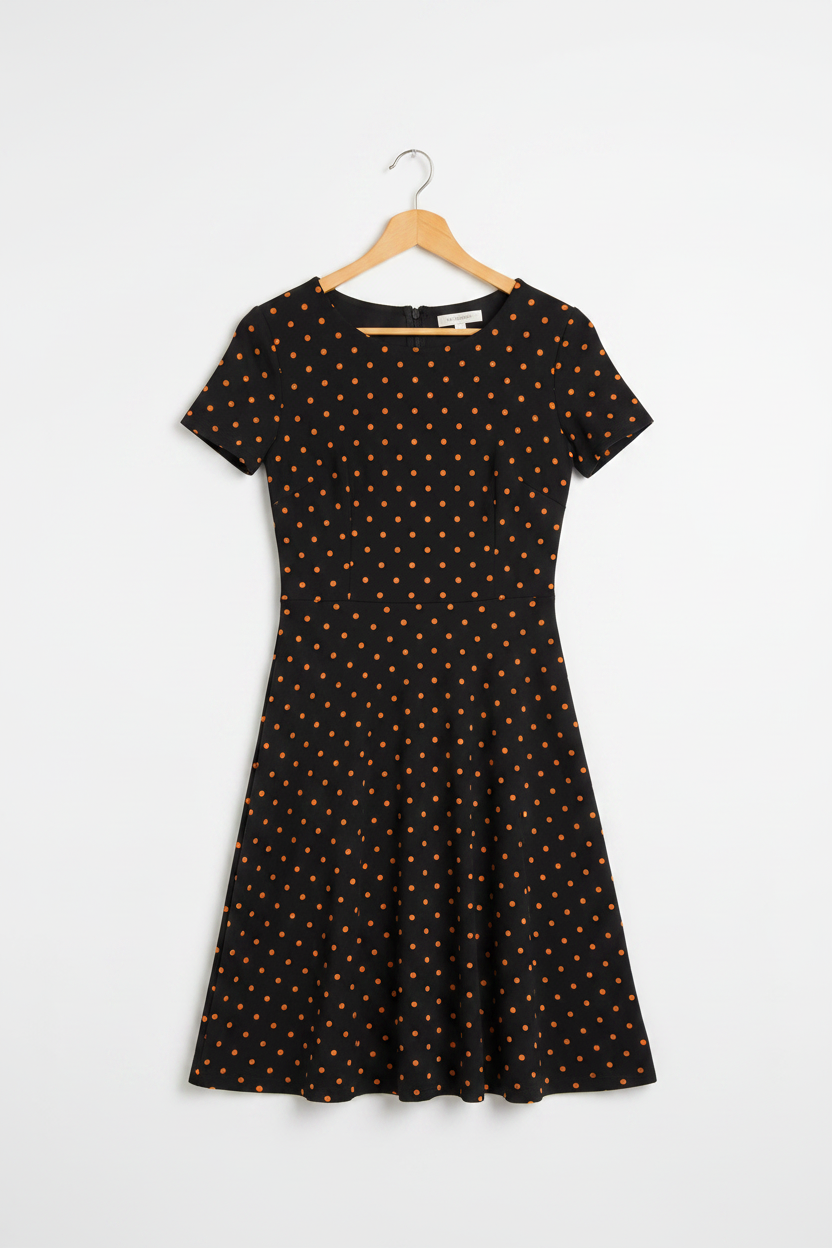 Burnt Orange Charm A-Line Dress - Black A-line dress with orange polka dots on wooden hanger, white studio background