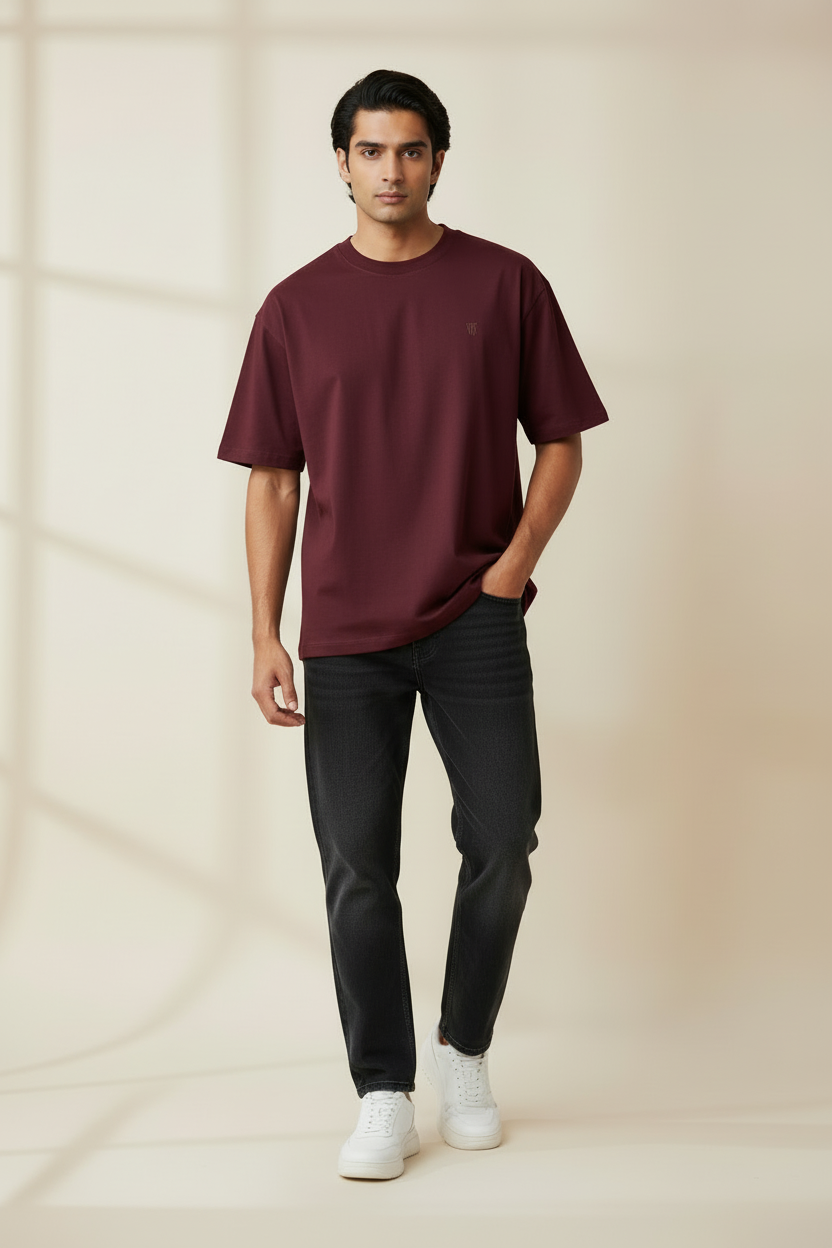 HAViT Classic Oversized T-Shirt – Maroon – Indian Male Model