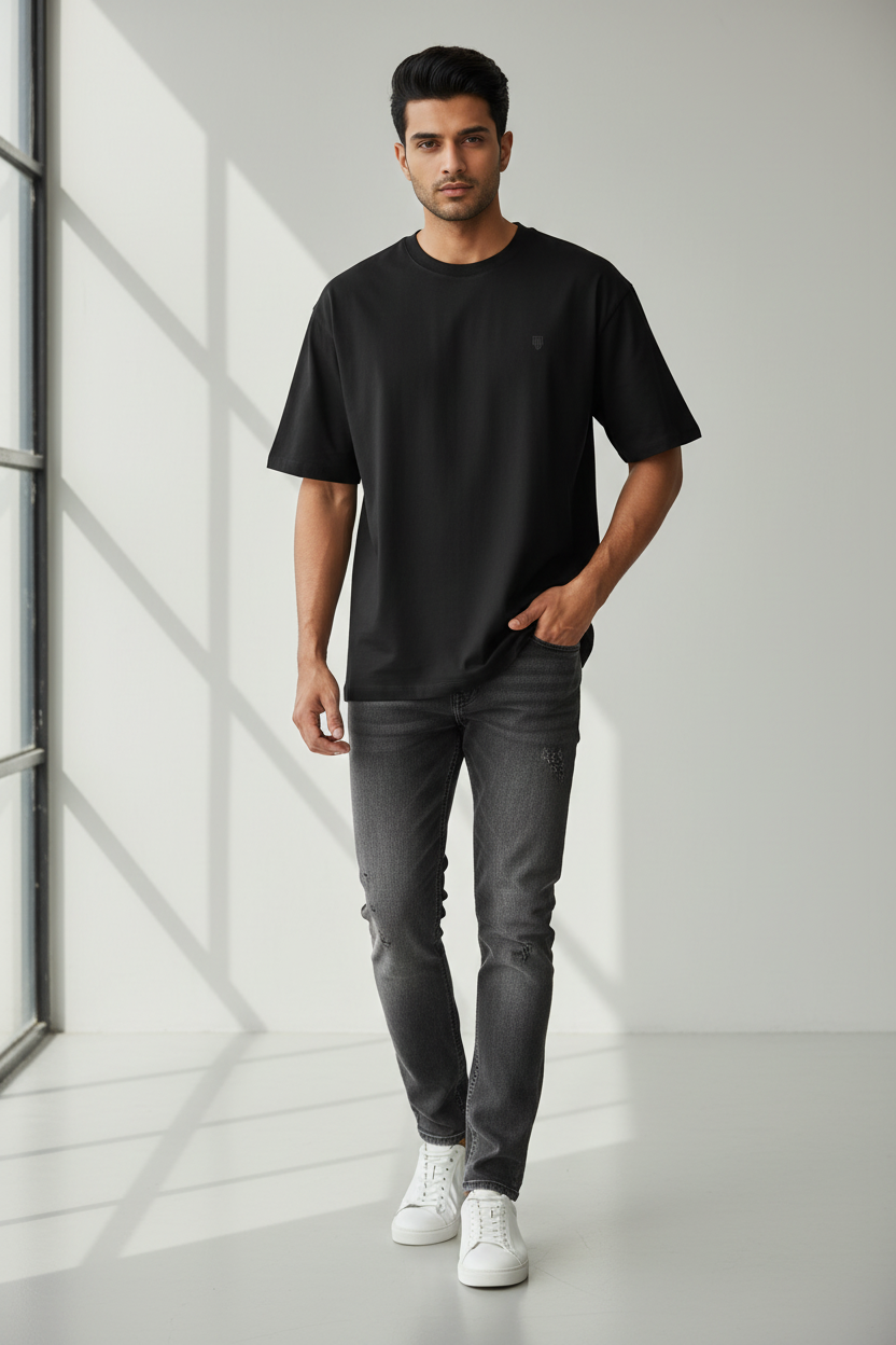 HAViT Classic Oversized T-Shirt – Black – Indian Male Model