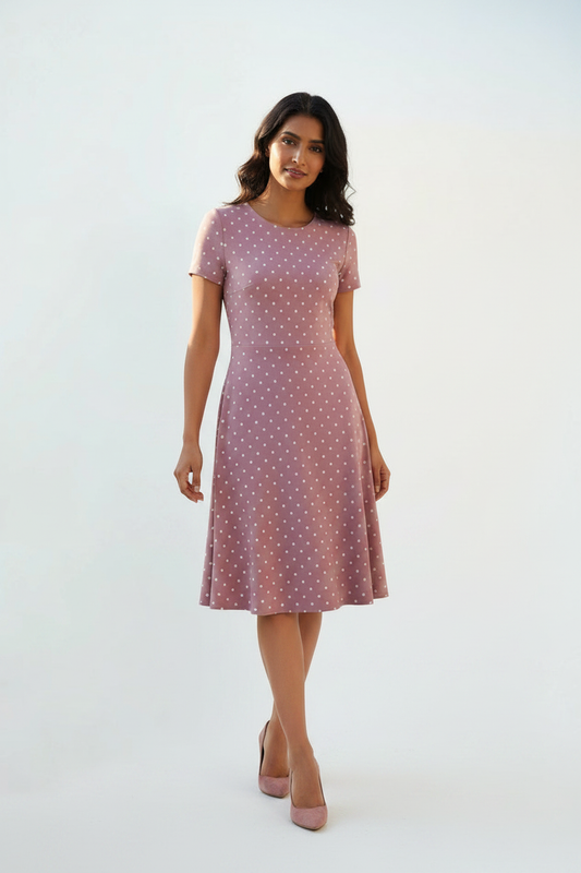 Soft Rose Polka A-Line Dress - fair-skinned Indian female model wearing polka dot A-line dress, matching heels, white studio background