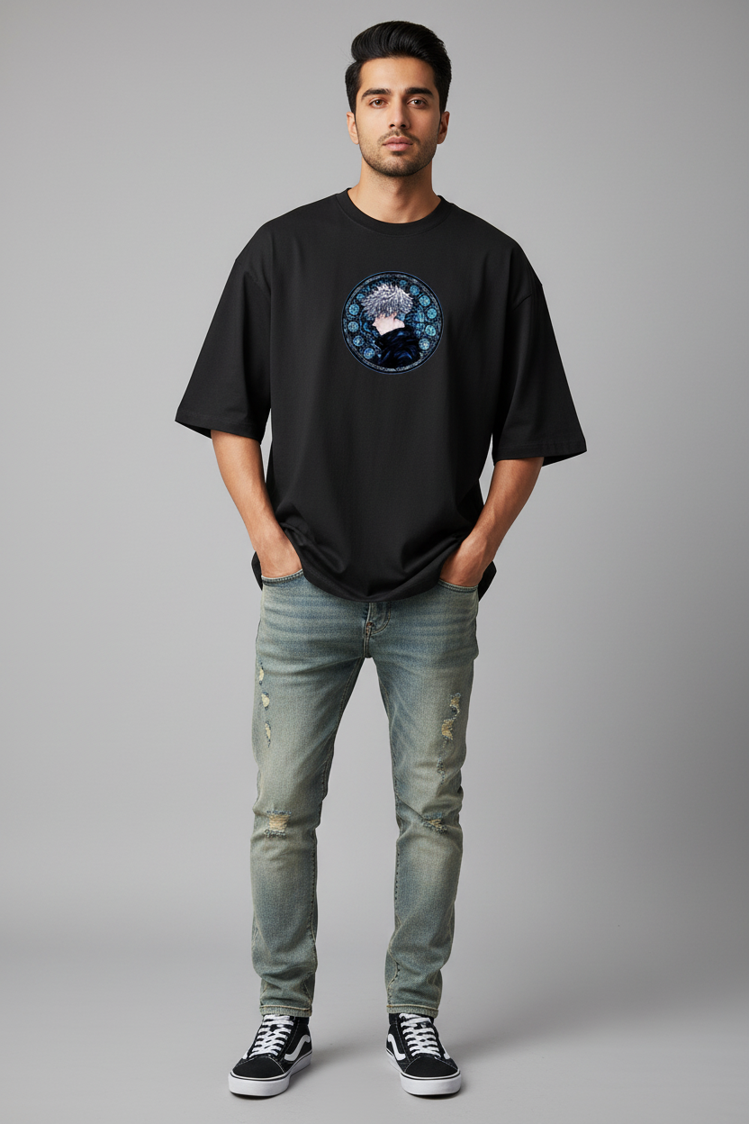 Six Eyes Awakening Oversized T-Shirt – Black – Front – Indian Male Model