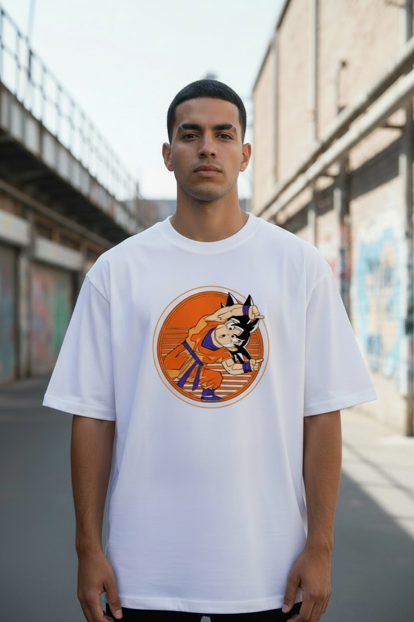 Male model wearing Playful Warrior Stance oversized t-shirt