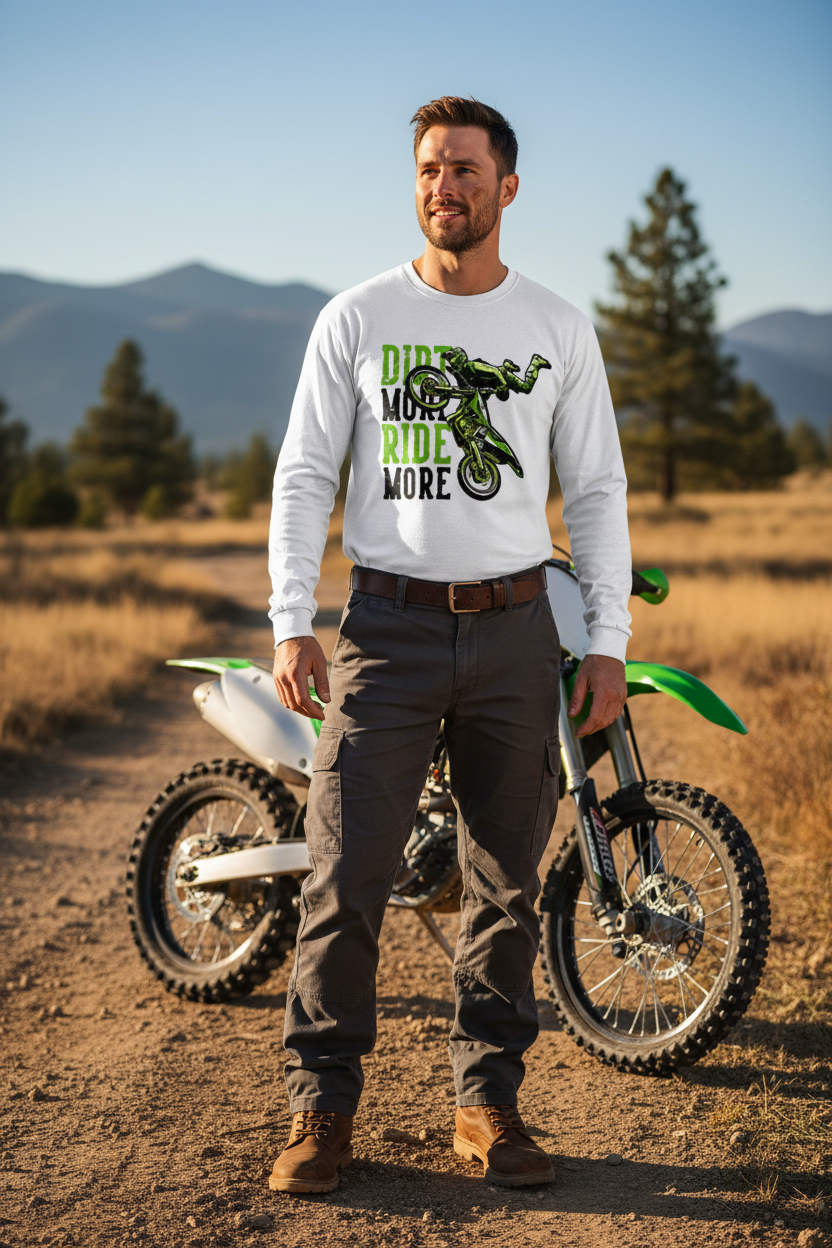 Male model wearing Dirt Ride full-sleeve t-shirt in outdoor dirt bike setting