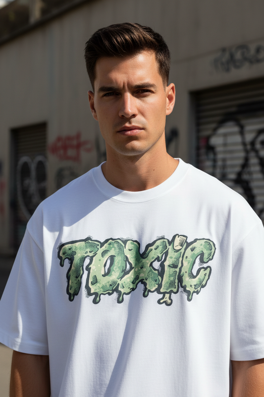 Male model wearing Toxic Drip oversized t-shirt