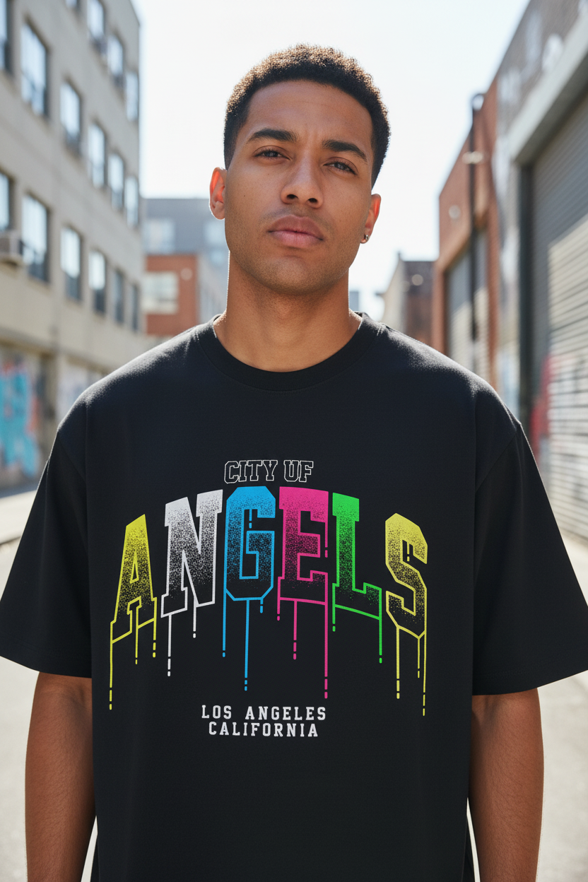 Male model wearing City of Angels Los Angeles Drip oversized t-shirt