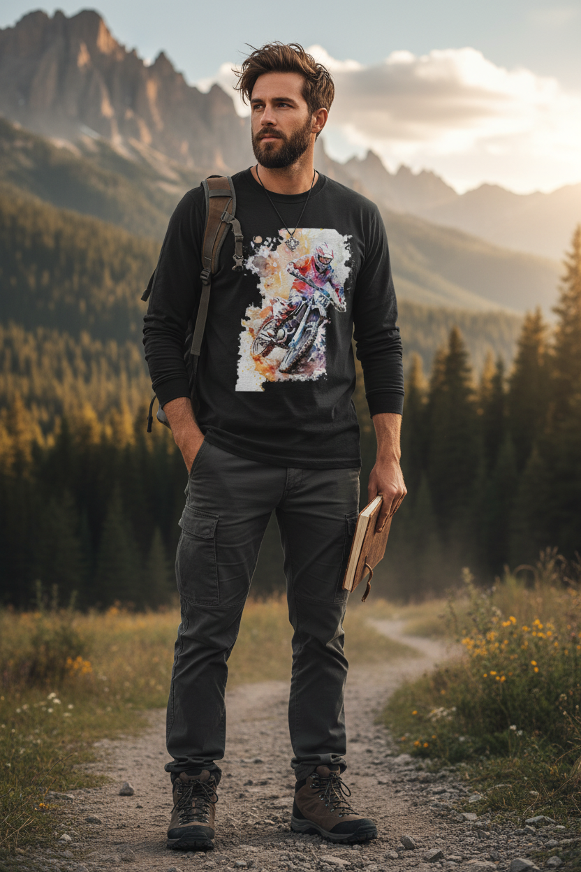 Male model wearing Splash Rider black full-sleeve t-shirt in outdoor adventure setting