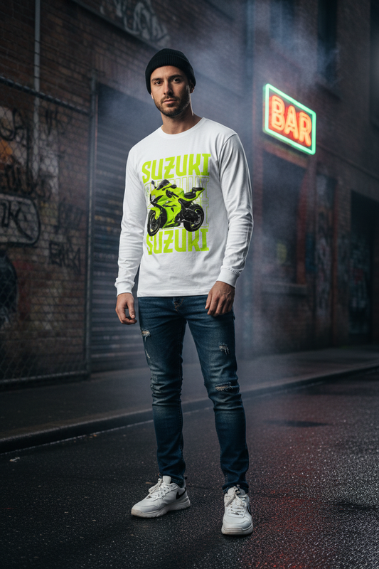 Male model wearing Suzuki Street Beast white full-sleeve t-shirt in urban street setting
