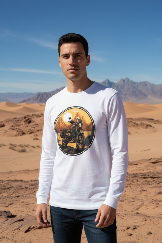 Male model wearing Desert Explorer full-sleeve t-shirt in desert landscape
