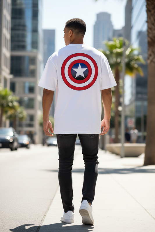 Male model wearing Captain America Shield oversized t-shirt showing back view
