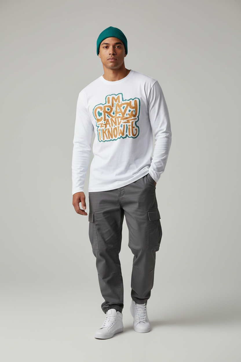 Model wearing I'm Crazy and I Know It Graphic Full Sleeve T-Shirt