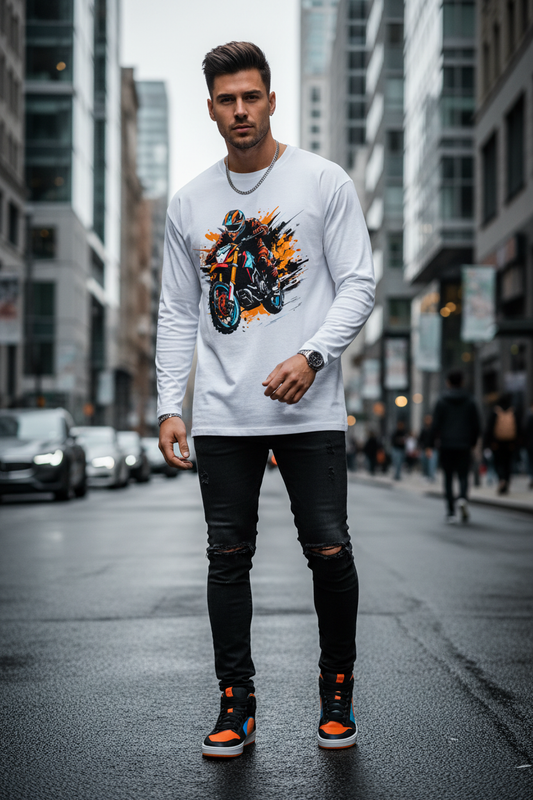 Male model wearing Street Burner full-sleeve t-shirt in urban street setting