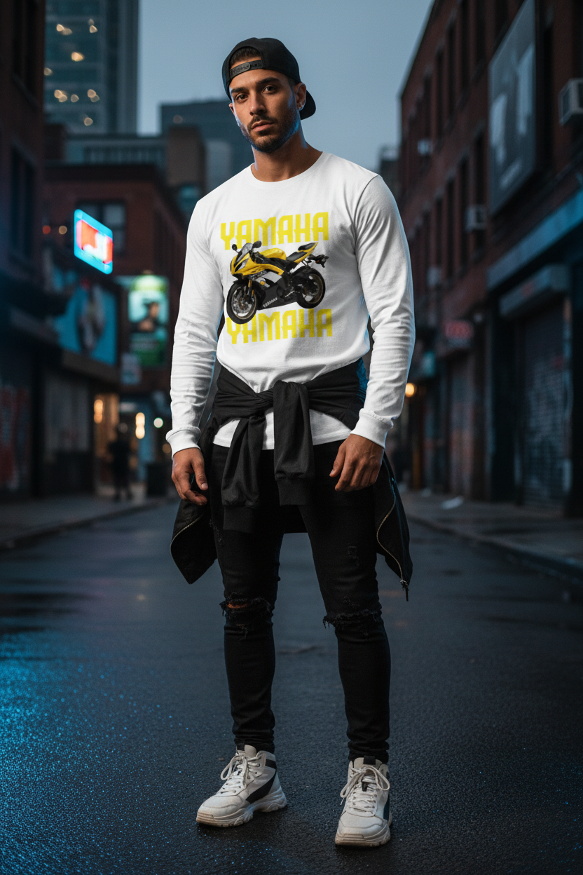 Male model wearing Yamaha Speed Force full-sleeve t-shirt in urban street setting