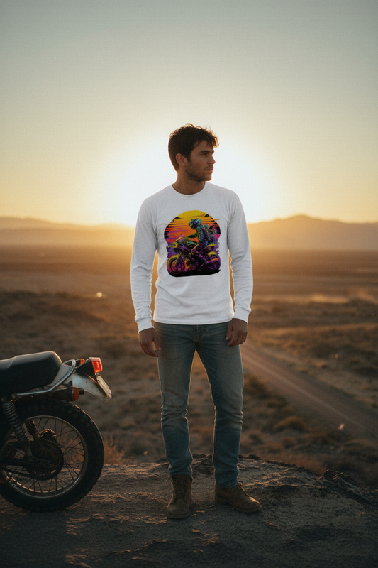 Male model wearing Sunset Rider full-sleeve t-shirt with sunset background