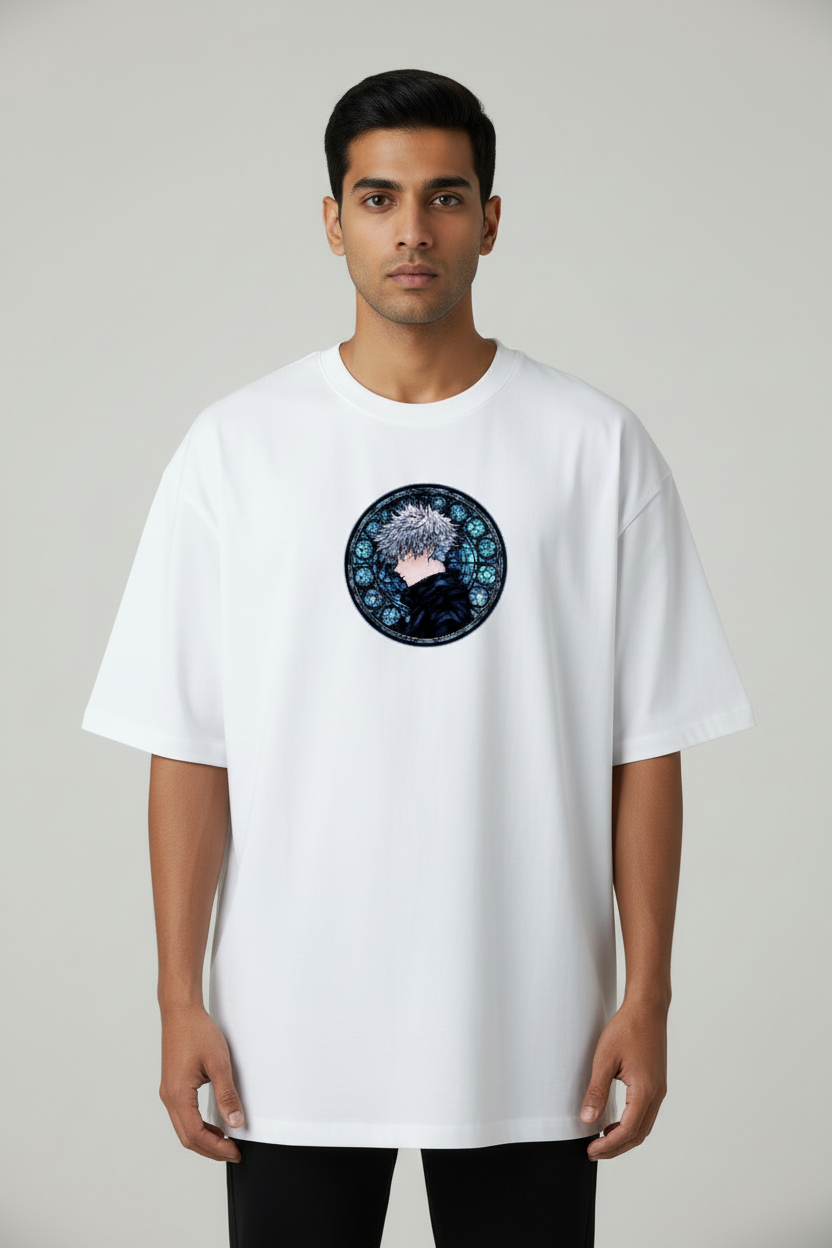 Six Eyes Awakening Oversized T-Shirt – White – Front – Indian Male Model
