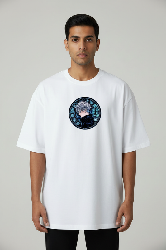 Six Eyes Awakening Oversized T-Shirt – White – Front – Indian Male Model