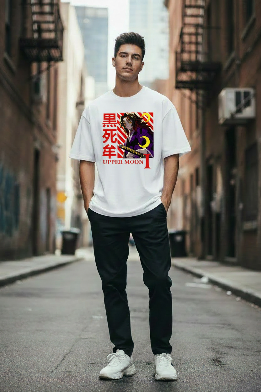 Male model wearing UPPER MOON I oversized t-shirt