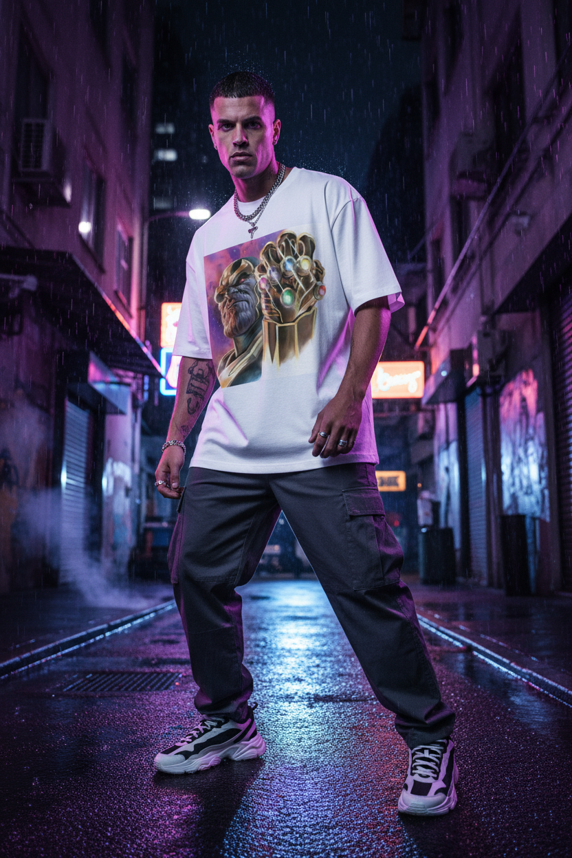 Male model wearing Thanos Infinity Gauntlet oversized t-shirt