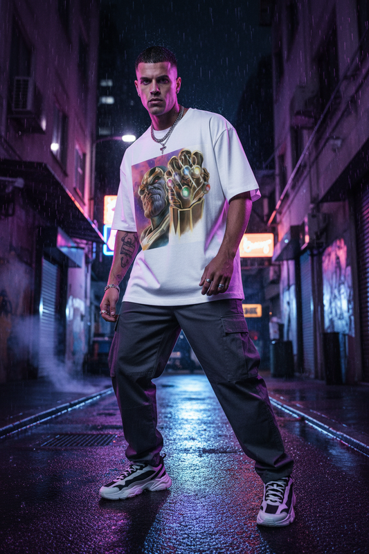 Male model wearing Thanos Infinity Gauntlet oversized t-shirt