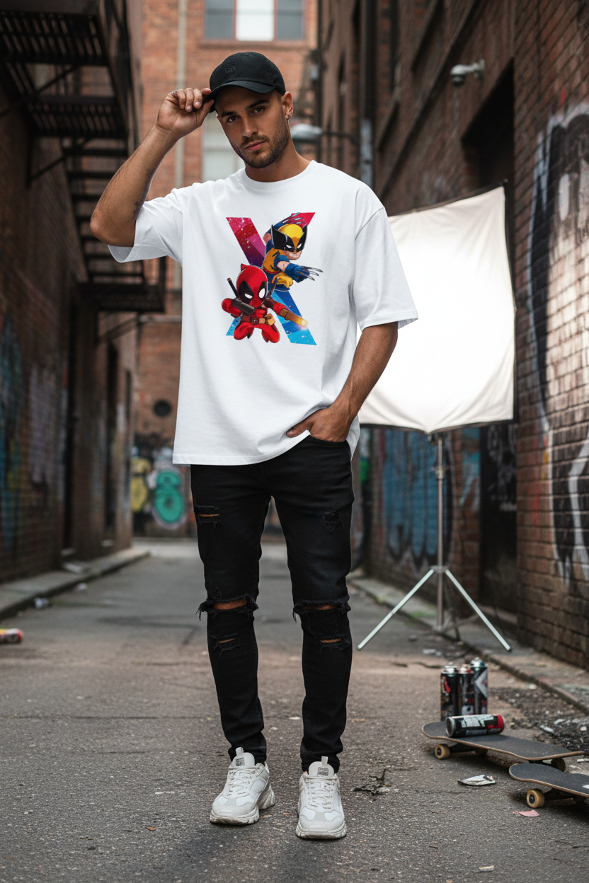 Male model wearing Deadpool & Wolverine Dual Strike Action oversized t-shirt