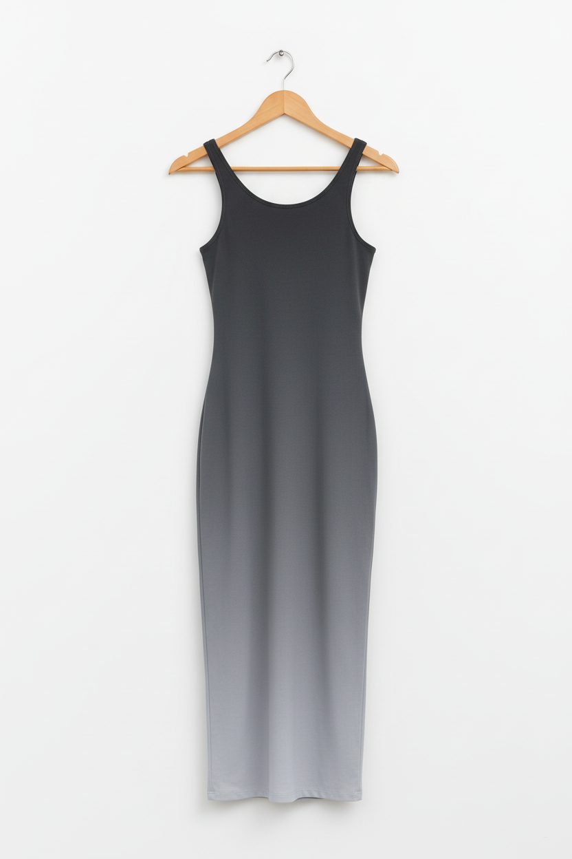 Silver Shadow Ombre Bodycon Dress - charcoal to silver grey ombre bodycon dress on wooden hanger, white studio background