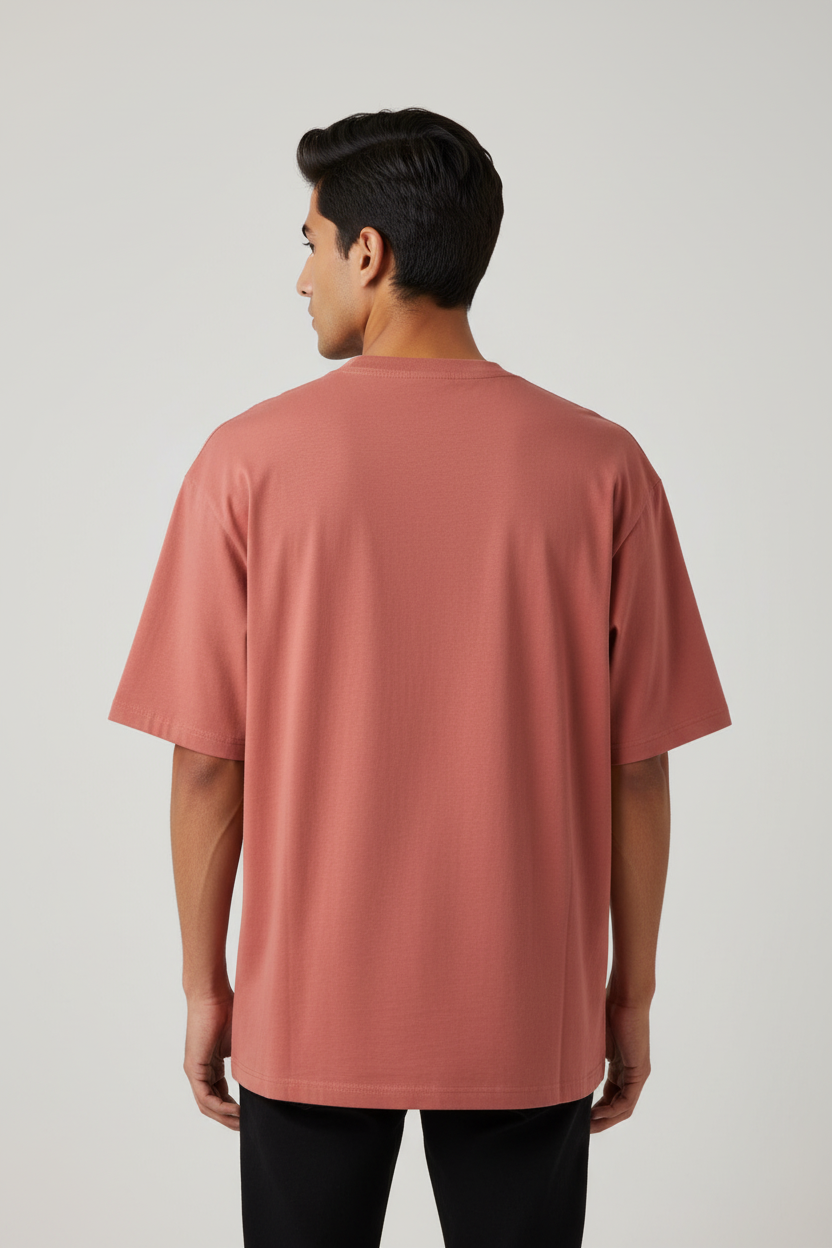 Flame & Beast Saga Oversized T-Shirt – Coral – Back – Indian Male Model