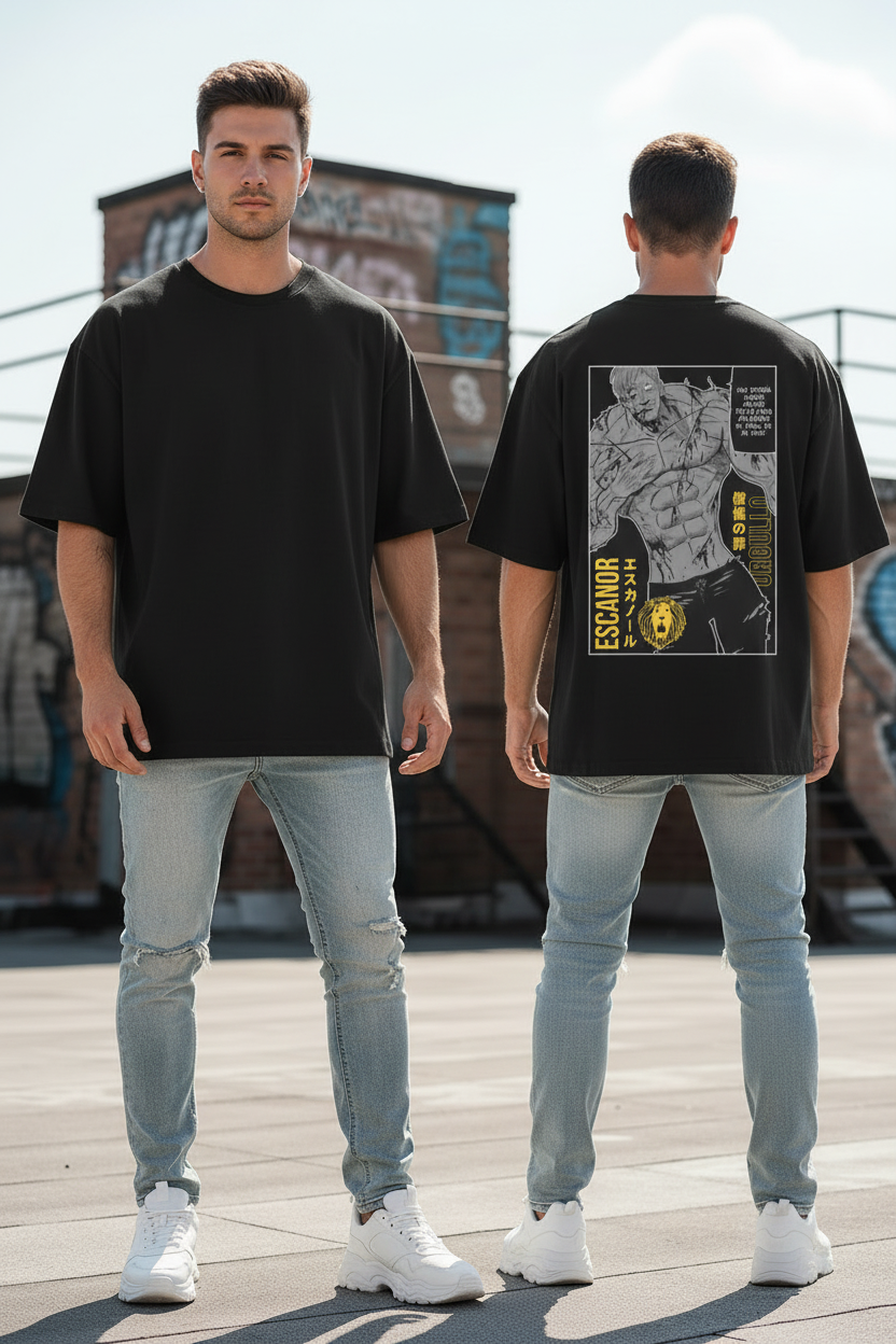 Male model wearing ESCANOR oversized t-shirt - front and back view