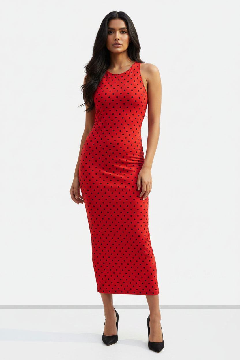 Crimson Noir Polka Bodycon Dress - wheatish-toned Indian female model wearing red bodycon dress with black polka dots, black heels, white studio background