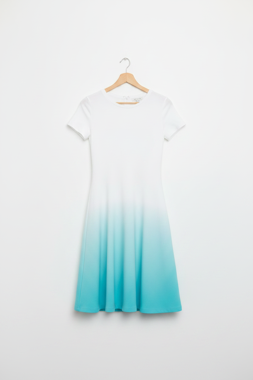 Azure Glow Gradient Dress hanging on a light birch wood hanger, white-to-sky blue gradient, clean minimal white background, product-only shot