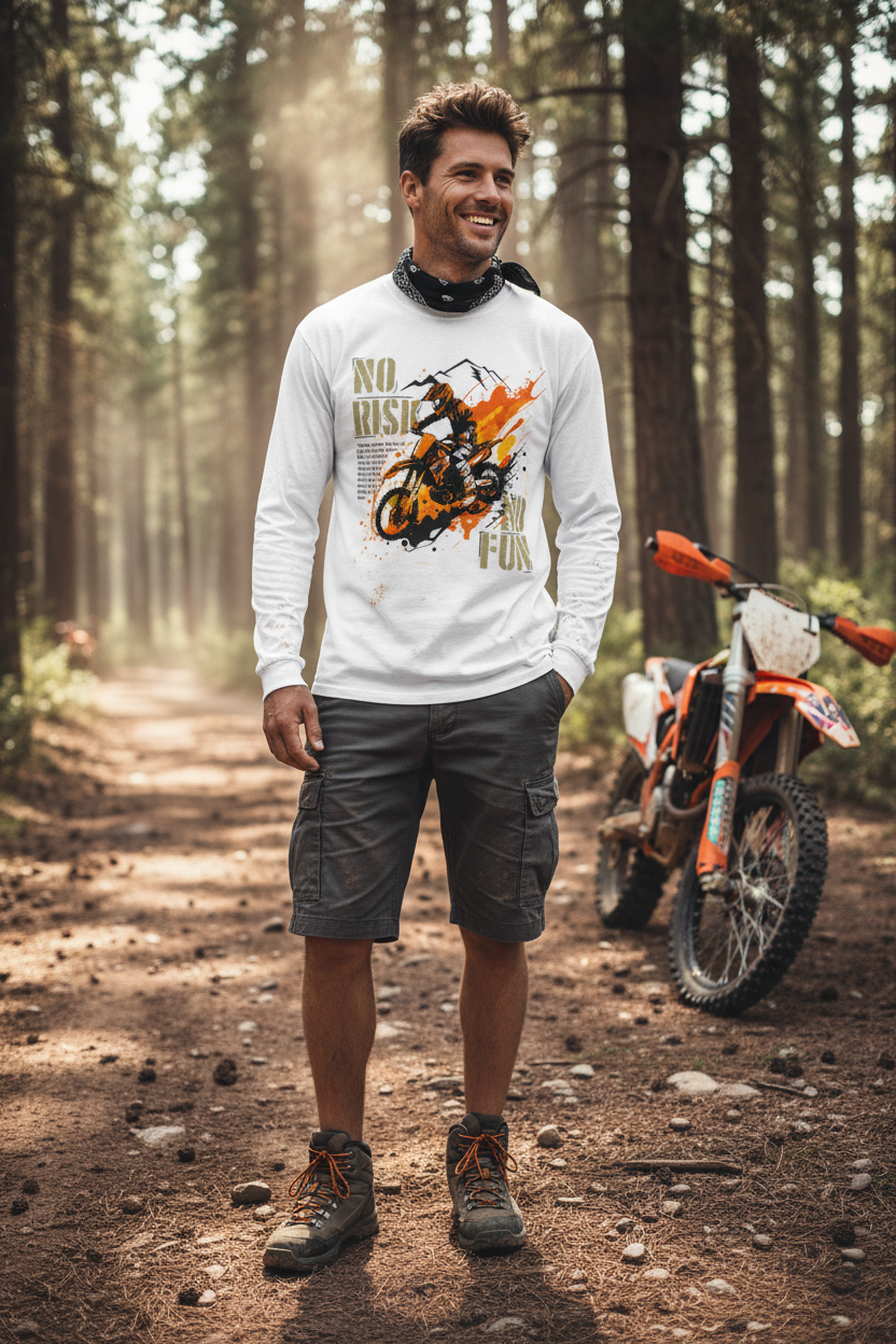 Male model wearing No Risk No Fun full-sleeve t-shirt in outdoor dirt adventure setting