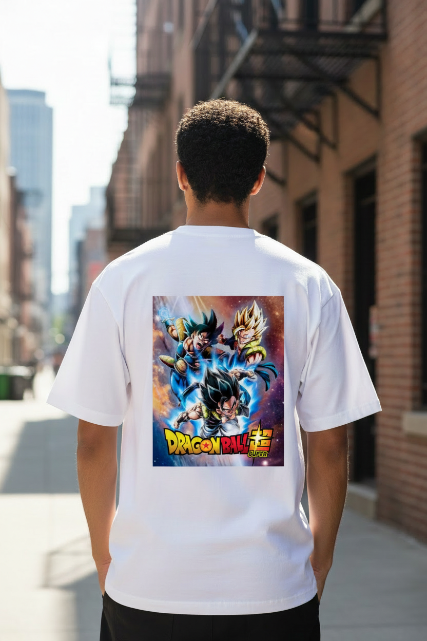Male model wearing Galactic Fusion Surge oversized t-shirt - back view