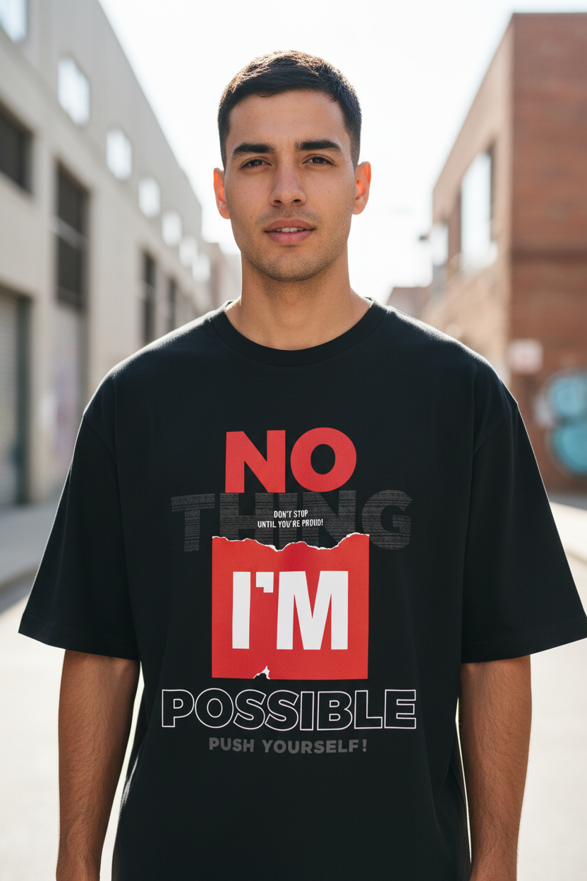 Male model wearing No Thing Is Impossible oversized t-shirt