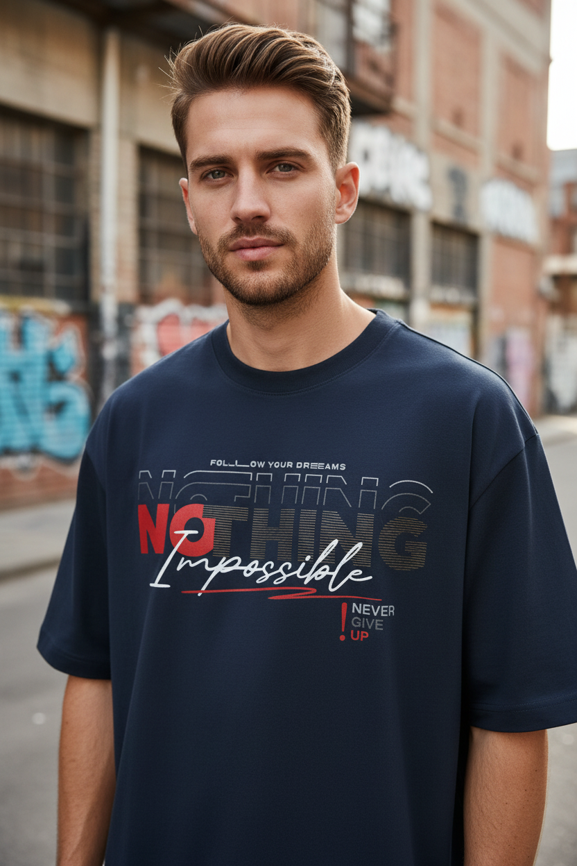 Male model wearing Nothing Is Impossible oversized t-shirt - color variant