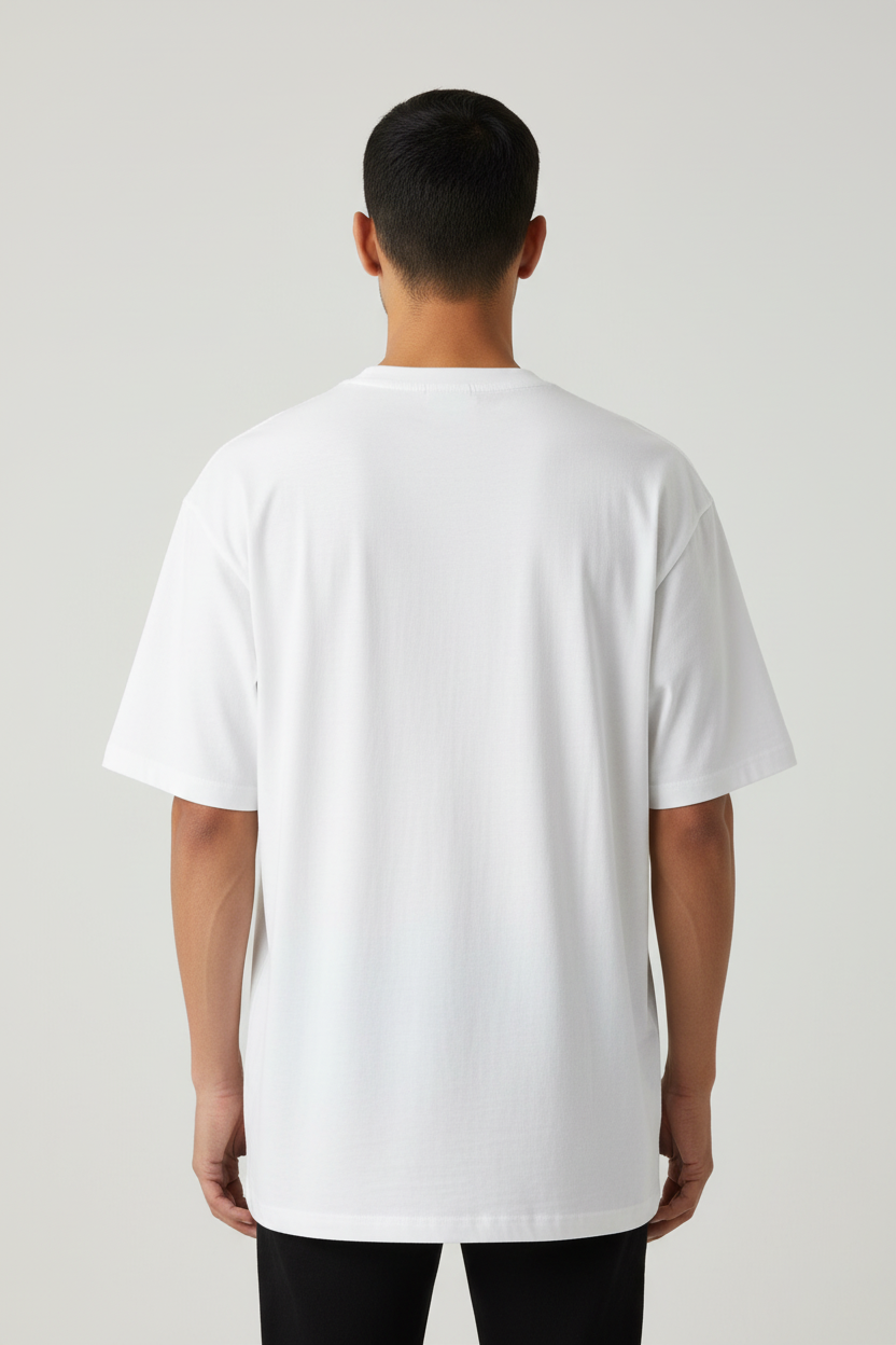 Flame & Beast Saga Oversized T-Shirt – White – Back – Indian Male Model
