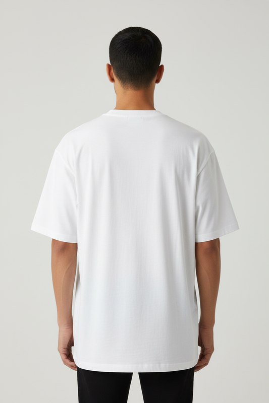 Flame & Beast Saga Oversized T-Shirt – White – Back – Indian Male Model