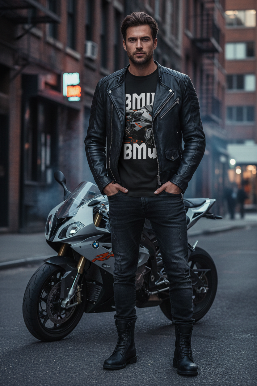 Male model wearing BMW Apex Racer black full-sleeve t-shirt in urban motorcycle culture setting