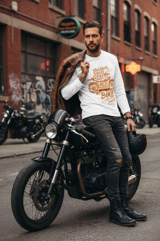 Male model wearing The Best Kind of Dad white full-sleeve t-shirt in urban street setting