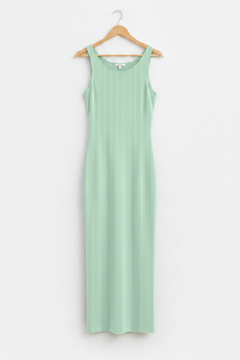 Mint Line Bodycon Dress - mint green bodycon dress with vertical stripe detail on wooden hanger, white studio background