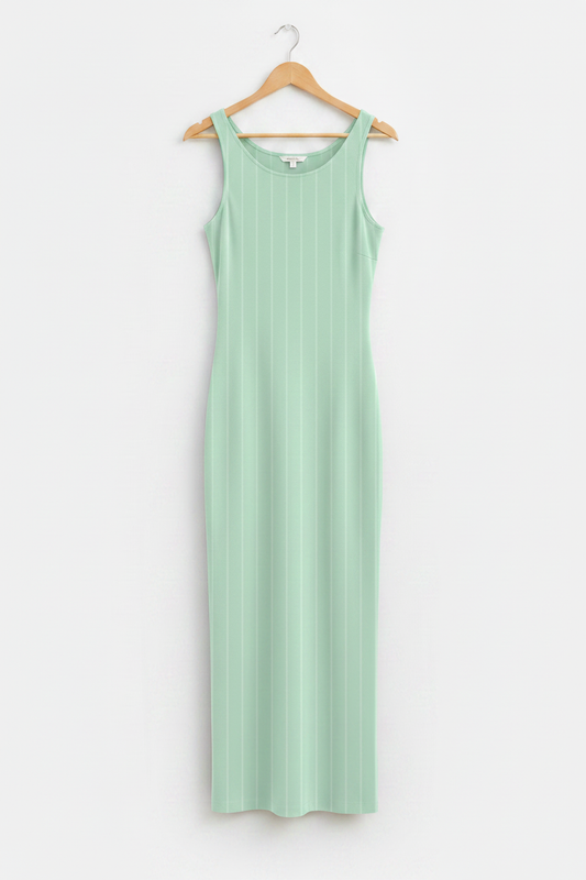 Mint Line Bodycon Dress - mint green bodycon dress with vertical stripe detail on wooden hanger, white studio background