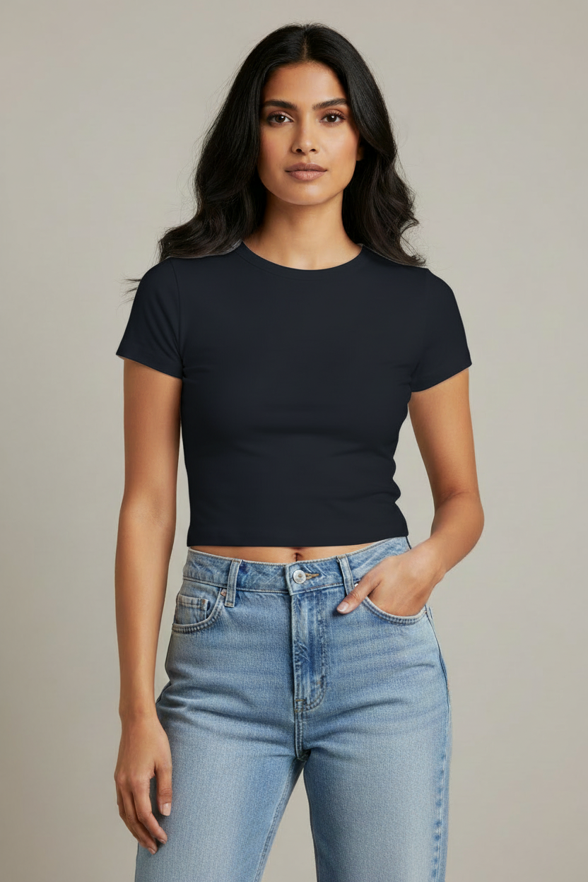 HAViT Women's Baby Tee – Navy Blue – Indian Female Model