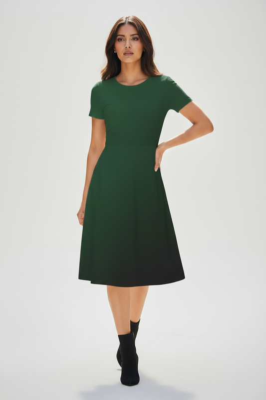 Indian female model wearing Forest Noir A-Line Dress in studio setting, confident hand-on-hip pose, full body shot