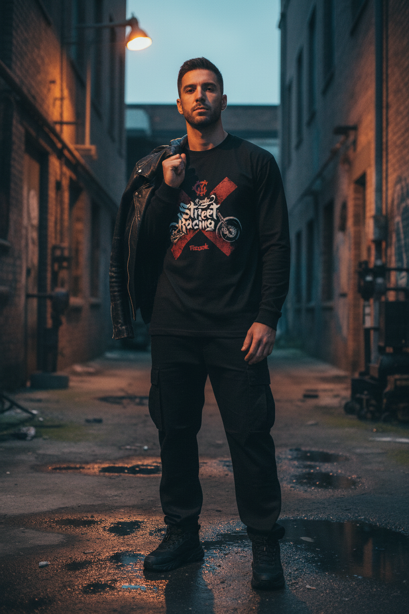 Male model wearing Street Racing black full-sleeve t-shirt in industrial urban setting