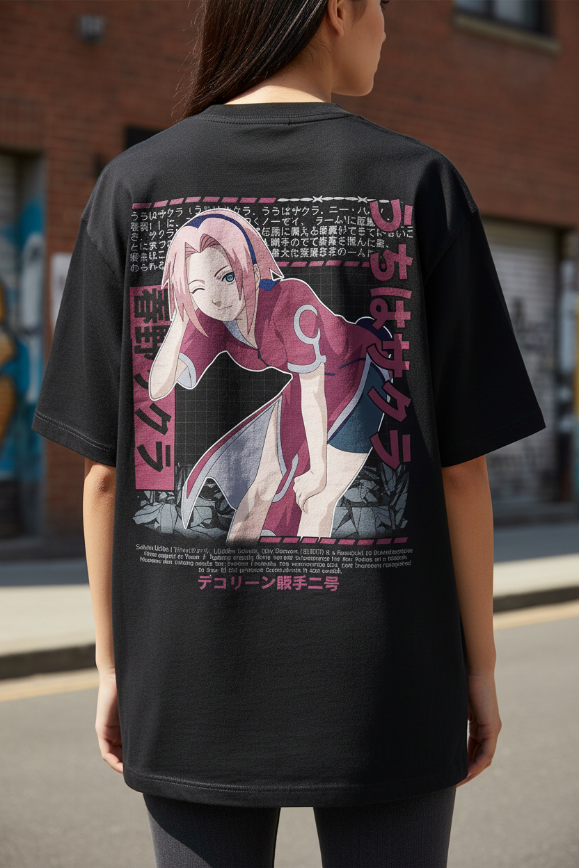 Female model wearing Sakura Haruno – Medical Ninja Resolve oversized t-shirt - back view