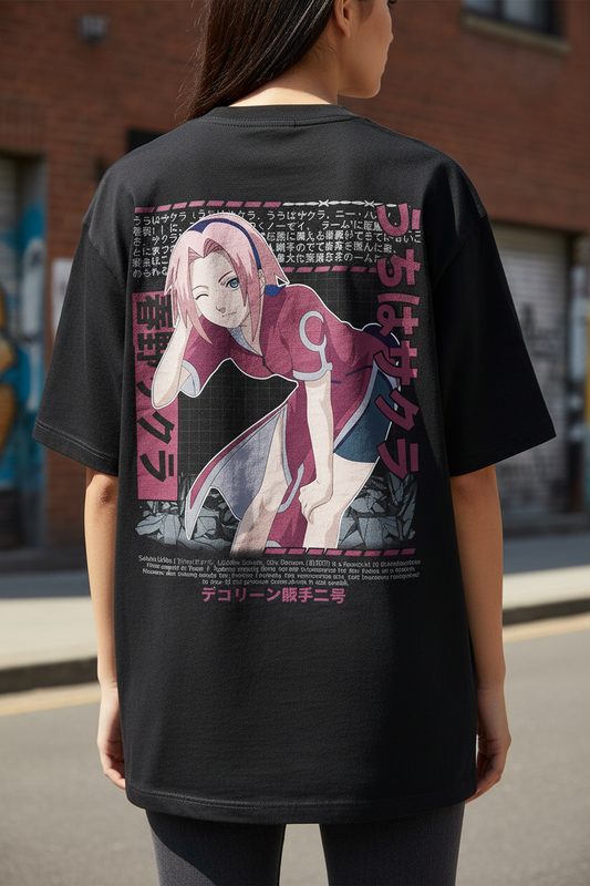 Female model wearing Sakura Haruno – Medical Ninja Resolve oversized t-shirt - back view