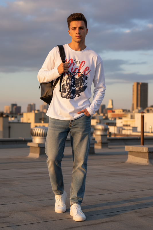 Male model wearing Let's Ride white full-sleeve t-shirt in urban rooftop setting