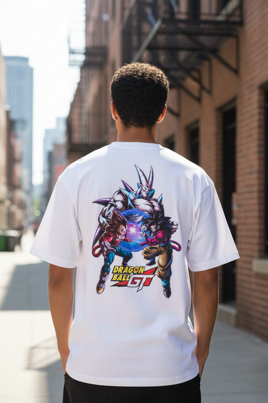 Male model wearing Dragon Ball GT Oversized Classic t-shirt - back view
