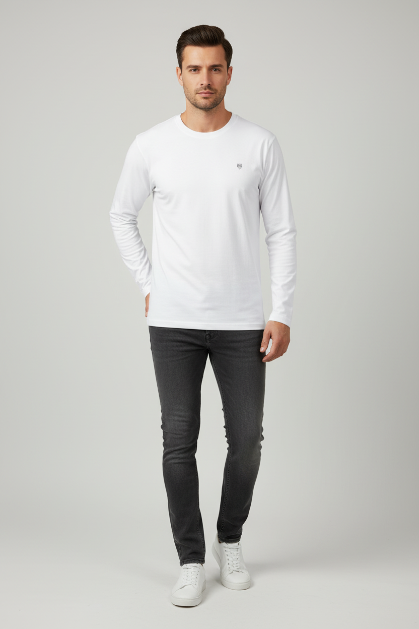 Male model wearing HAViT Full Sleeve T-Shirt in neutral color